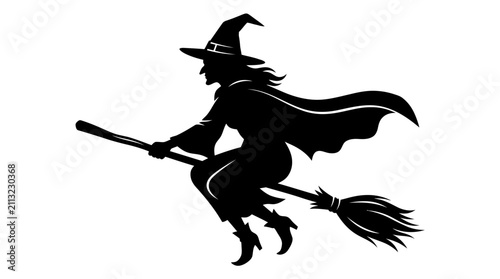 Принти на полотні Helloween Witch silhouette flying on broomstick, Halloween sorceress vector icon