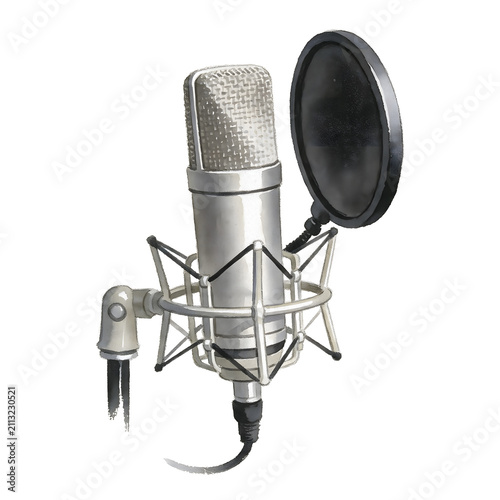 Slika na platnu Studio Microphone with Pop Filter: A professional studio condenser microphone, mounted on a shock mount and accompanied by a pop filter, stands ready for audio recording