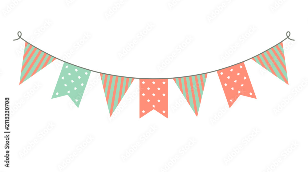 Fototapeta premium Vibrant cartoon bunting flags featuring pastel stripes and star patterns on a decorative string, isolated on white, Symbolizing festive party decoration and expressing joyful event greetings