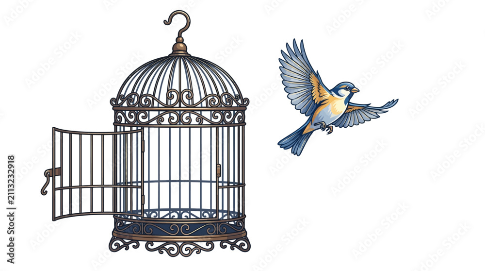 Fototapeta premium A beautiful small bird flying away from an open vintage birdcage on a white background.