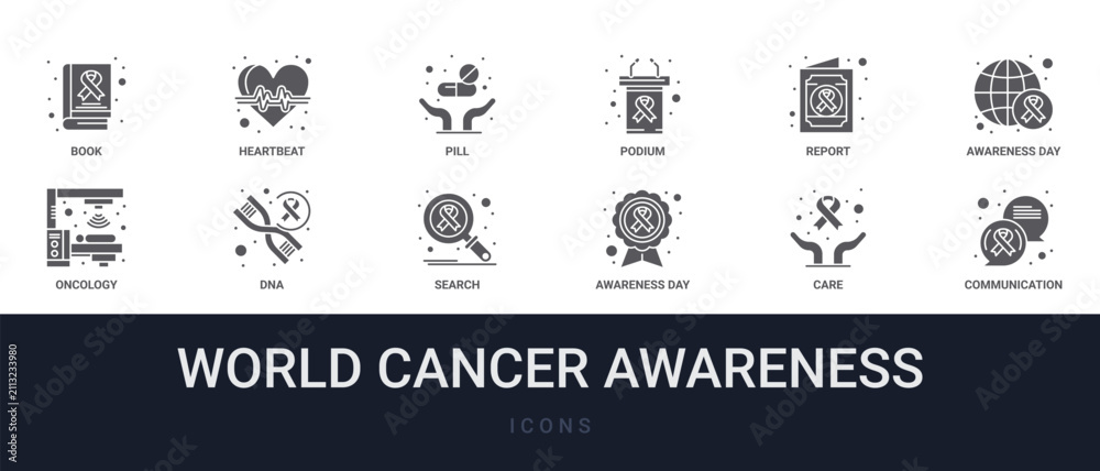 Fototapeta premium Set of 12 solid World Cancer Awareness icons for dashboards, app screens and website sections. Filled glyph collection including heartbeat, podium, awareness day, dna and search.
