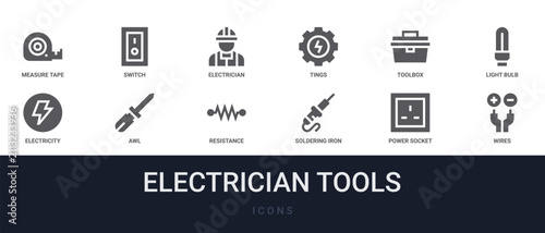 Fényképezés Set of 12 solid Electrician Tools icons for dashboards, app screens and website sections