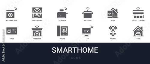 Set of 12 solid Smarthome icons for dashboards, app screens and website sections. Filled glyph collection including fingerprint, pressure, smart curtain, fireplace and phone.