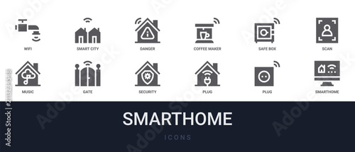Set of 12 solid Smarthome icons for dashboards, app screens and website sections. Filled glyph collection including smart city, coffee maker, scan, gate and security.