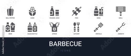 Set of 12 solid Barbecue icons for dashboards, app screens and website sections. Filled glyph collection including corn, fish, grill, sauce bottle and apron.