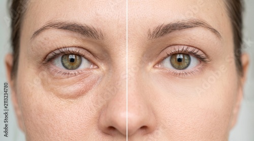 Before and after puffy swollen under eye bags to firm smooth skin	
