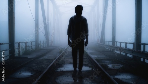 Silhouette of a person walking alone on abandoned bridge covered in fog.