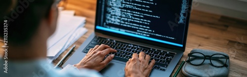 Obraz na płótnie Programmer and developer coding software on a laptop computer at a wooden desk