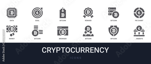 Set of 12 solid Cryptocurrency icons for dashboards, app screens and website sections. Filled glyph collection including goal, reward, pie chart, bitcoin and browser.