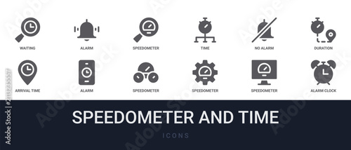 Set of 12 solid Speedometer and Time icons for dashboards, app screens and website sections. Filled glyph collection including alarm, time, duration, alarm and speedometer.