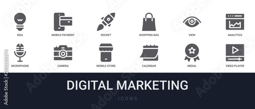 Set of 12 solid Digital Marketing icons for dashboards, app screens and website sections. Filled glyph collection including mobile payment, shopping bag, analytics, camera and mobile store.