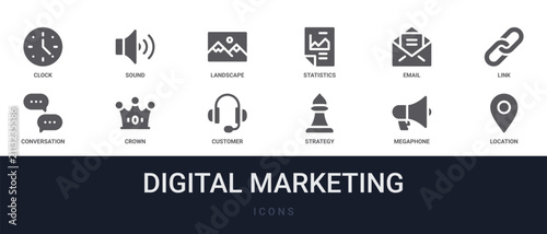 Set of 12 solid Digital Marketing icons for dashboards, app screens and website sections. Filled glyph collection including sound, statistics, link, crown and customer service.