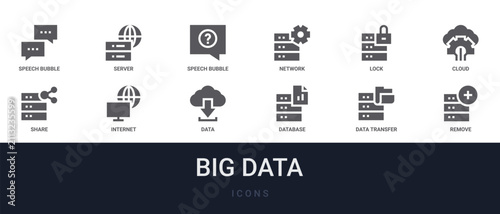 Set of 12 solid Big Data icons for dashboards, app screens and website sections. Filled glyph collection including server, network, cloud computing, internet and data.