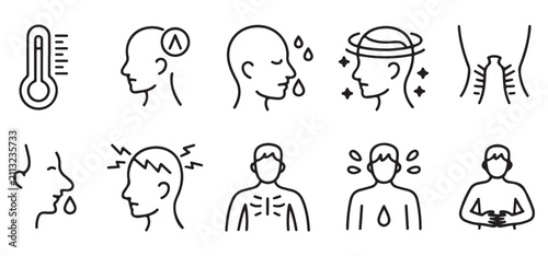 Obraz na płótnie Symptoms of illness are depicted in a set of medical line icons illustrating physical ailments such as fever, congestion, headache, and body aches for healthcare and wellness communication