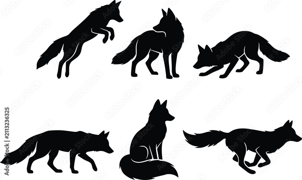 Obraz premium Elegant black fox silhouettes in multiple natural poses including sitting, running, leaping, stalking, and walking isolated on white background