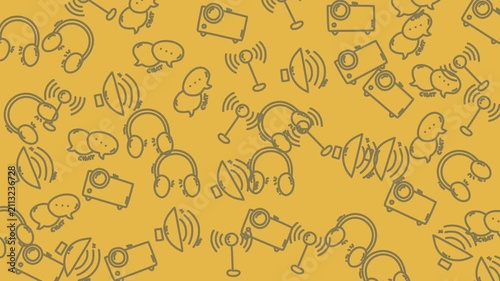 Suitable for digital communications projects, this doodle pattern includes icons of headphones, speech bubbles, radio towers, and audio speakers.