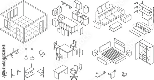 Isometric Home Furniture and Interior Elements Collection Outline Vector Set for Residential Design and Architectural Planning Projects