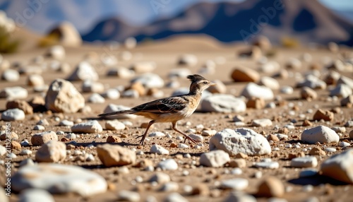 A small bird with a slender body and distinct markings on its head and wings is walking across a rocky, barren landscape