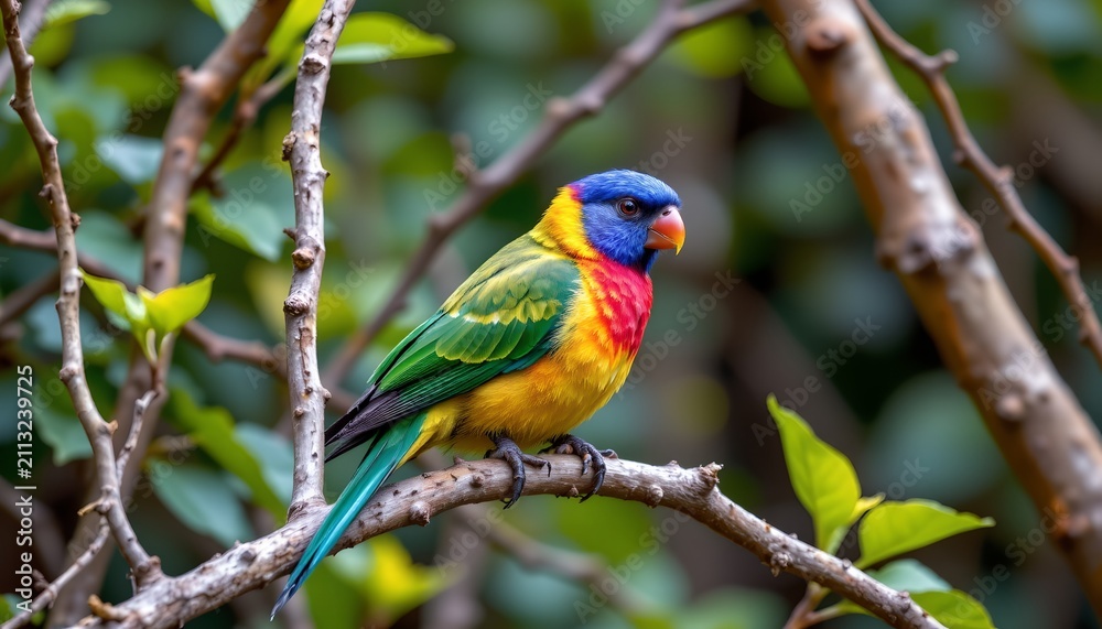 Fototapeta premium A colorful bird is perched on a thin branch surrounded by green foliage and intertwined twigs