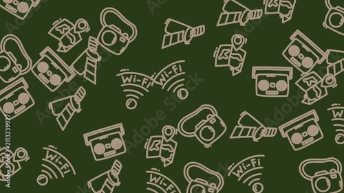 Iconic pattern of light green cameras, maps, wifi signals on dark green background. Perfect for design elements, tech concepts, products.