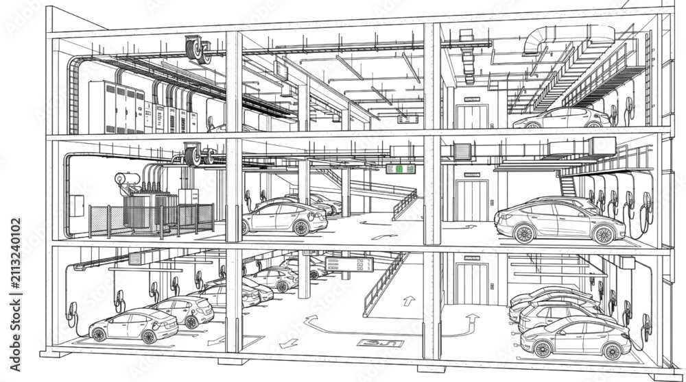 Fototapeta premium Architectural Blueprint of a Multi-Story Industrial Car Garage