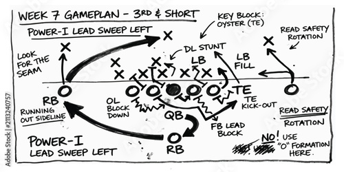 Bild auf Leinwand American football week 7 gameplan power i sweep left play diagram with football