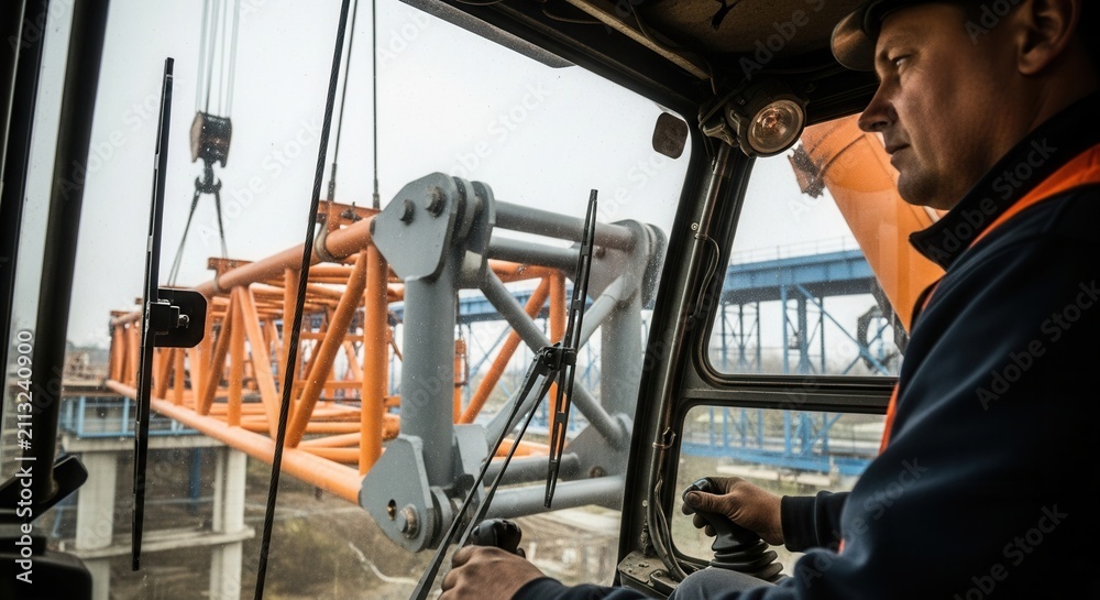 Fototapeta premium Crane Operator At Work Moving Heavy Construction Materials