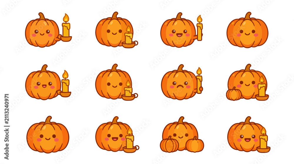 Obraz premium Cute pumpkin sticker set with lit candles.