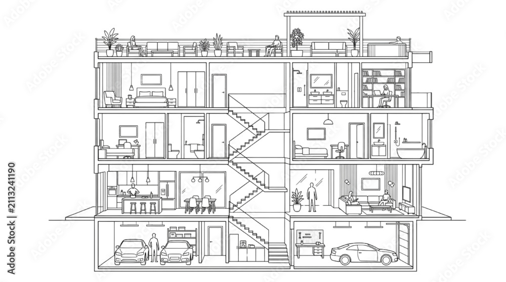 Fototapeta premium Architectural Section of a Modern Multi Story Apartment Building