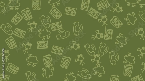 Green retro tech pattern with various icons. Suitable for backgrounds, posters, and digital designs with a nostalgic, vintage feel.