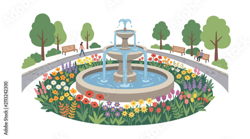 Vector illustration of a public park with a water fountain and colorful flower beds.