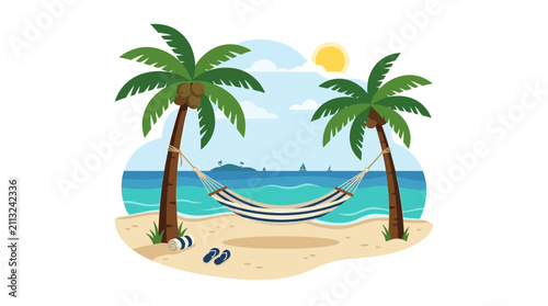 Tropical Beach Scene with Hammock and Palm Trees