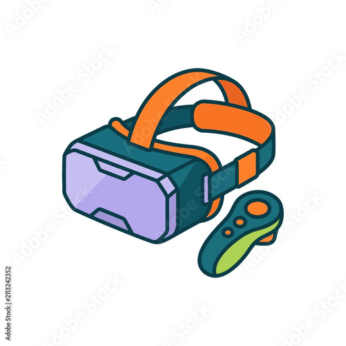 A modern virtual reality headset with a handheld controller device