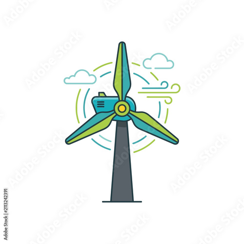 A modern wind turbine generates clean energy in the sky