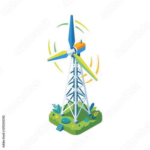A modern wind turbine generates clean energy in a green field