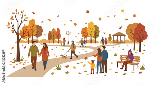 People enjoying a scenic park walk during the autumn season.