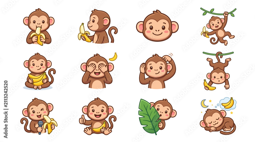 Obraz premium Monkey emoji character set with various cute expressions.