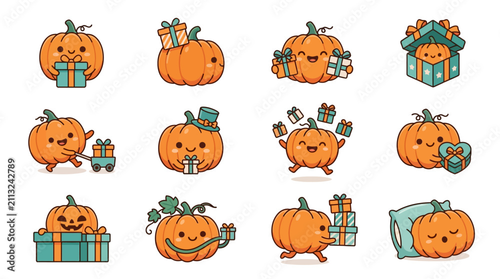 Fototapeta premium Pumpkin characters with colorful presents and gift sets.