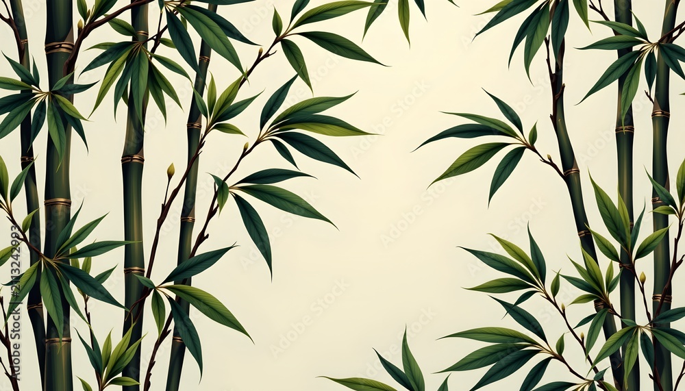 Fototapeta premium The image features a pattern of tall, slender bamboo stalks with segmented sections and pointed, elongated leaves