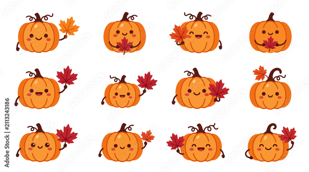 Fototapeta premium Adorable pumpkin characters holding orange maple leaves.