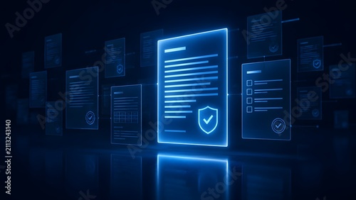 Secure digital document with shield icon floating in a dark tech environment representing verified electronic contracts