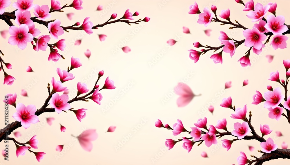 Fototapeta premium The image features a symmetrical arrangement of cherry blossom branches adorned with vibrant pink flowers and buds