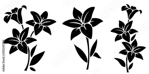 Lily flowers. Black silhouettes of lilies isolated on a white background. Set of vector illustrations