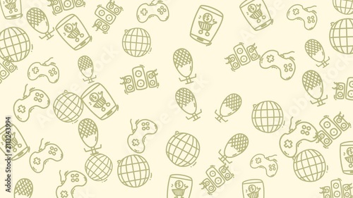 Microphones, game controllers, globes, mobile app icons doodle pattern design. Suitable for tech, entertainment backgrounds, wallpapers, and designs.