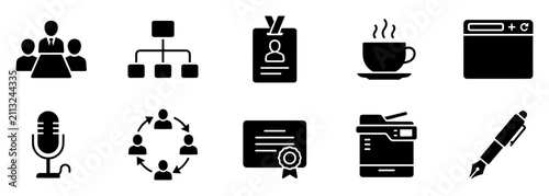 Принти на полотні Set of black business and office icons including meeting, hierarchy, ID card, co