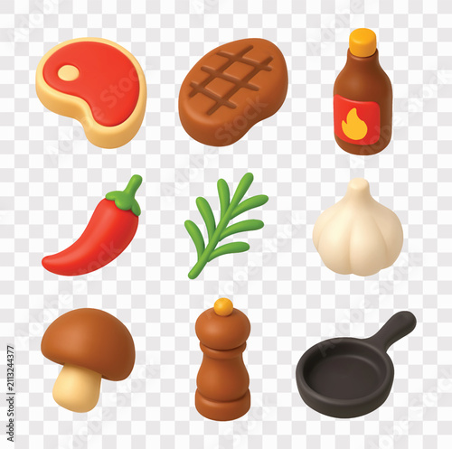 Steak Cooking Vector Icon Set | 3D icon set | raw steak, grilled steak, hot sauce, red chili pepper, rosemary, garlic, mushroom,  pepper grinder, skillet
