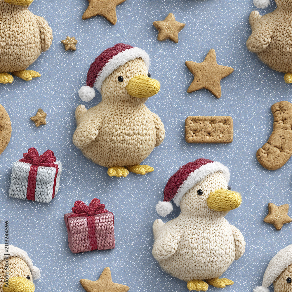 Obraz premium Knitted duck with Santa hat and gift box with star shaped cookies on blue background