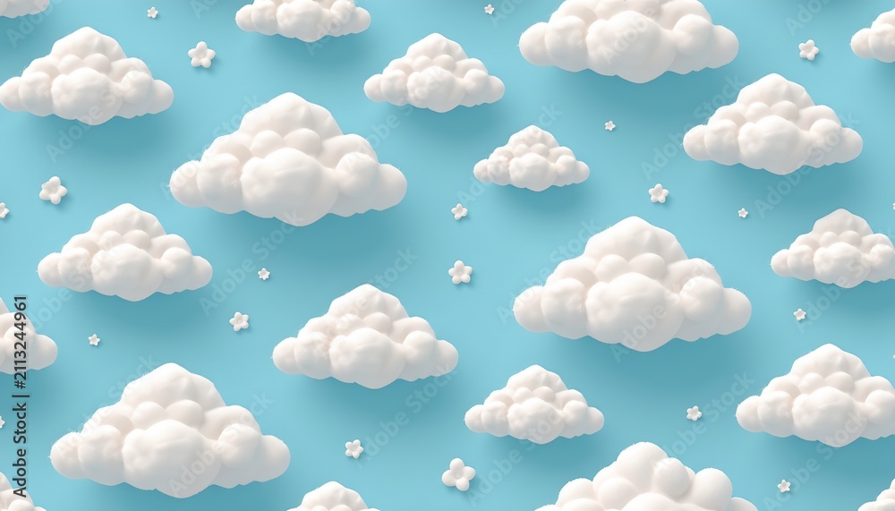 Obraz premium The image depicts a sky filled with numerous fluffy, white clouds against a bright blue background