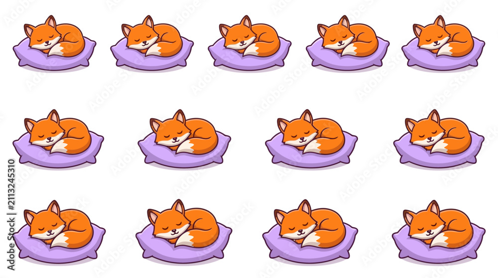 Obraz premium Orange foxes sleeping on purple cushions set.