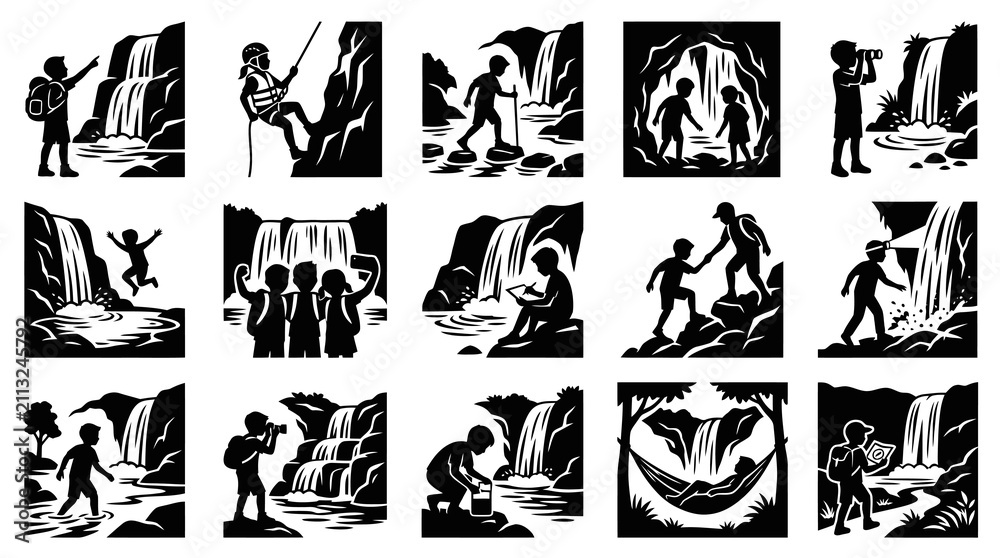 Fototapeta premium Children Outdoor Adventure Activities in Nature, Waterfalls, and Caves - Black and White Silhouette Illustrations